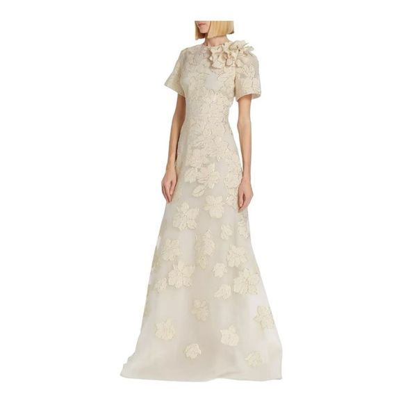❌❌ Sold Teri Jon by Rickie Freeman Ivory and Gold Floral Jacquard A-line Gown - Picture 2 of 12
